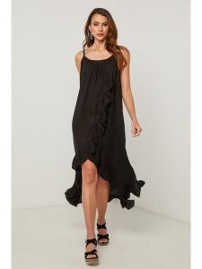 Fleur de Lin Sukienka w kolorze czarnym rozmiar: XL. Czarne sukienki Fleur de Lin, xl, bez wzorów, ze lnu, z asymetrycznym kołnierzem, bez ramiączek, midi, asymetryczne. Za 245,96 zł.