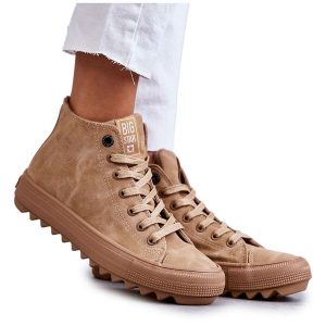 Trampki Damskie Big Star Wysokie Ocieplane Camel GG274072 beżowy. Brązowe trampki bez wzorów, bez zapięcia. Za 205,59 zł.