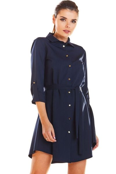 Sukienka koszulowa szmizjerka z paskiem i kołnierzykiem granatowa. Żółte sukienki Infinite You, do pracy, l, bez wzorów, z elastanu, biznesowe, z asymetrycznym kołnierzem, bez ramiączek, asymetryczne. Za 349,00 zł.