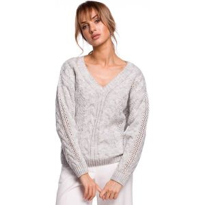 Lekki sweter damski ażurowy z dekoltem V splot w warkocz szary. Szare swetry klasyczne Polskie swetry, l, z dzianiny, bez kołnierzyka. Za 245,00 zł.
