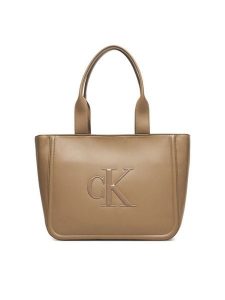 Calvin Klein Torebka Bold Ck Medium Tote LV04F3218G Beżowy. Brązowe shopper bag Calvin Klein, bez wzorów, ze skóry, bez dodatków. Za 569,99 zł.