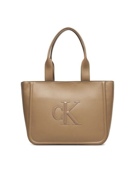 Calvin Klein Torebka Bold Ck Medium Tote LV04F3218G Beżowy. Brązowe shopper bag Calvin Klein, bez wzorów, ze skóry, bez dodatków. Za 569,99 zł.