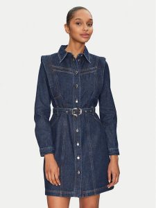 Morgan Sukienka jeansowa 251-RICOLI Granatowy Regular Fit. Niebieskie kombinezony Morgan, bez wzorów, z bawełny, bez kołnierzyka, bez ramiączek. Za 249,99 zł.