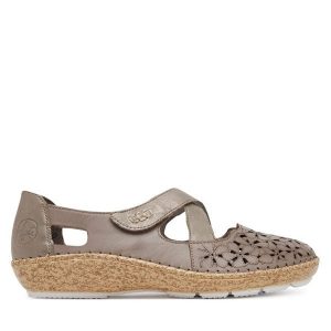 Półbuty Rieker. Szare półbuty Rieker, bez wzorów, bez obcasa, na płaskiej podeszwie, bez zapięcia. Za 329,99 zł.