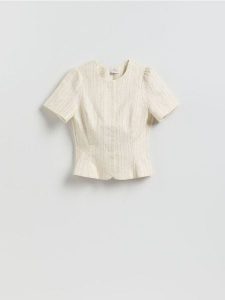 Koszula z bufkami - złamana biel. Koszule Reserved, l, bez wzorów, z bawełny, bez kołnierzyka, bez ramiączek. Za 139,99 zł.