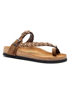 Comfortfusse Skórzane japonki w kolorze jasnobrązowym rozmiar: 42. Brązowe klapki Comfortfüße, bez wzorów, z materiału, z otwartym noskiem, bez obcasa. Za 239,99 zł.