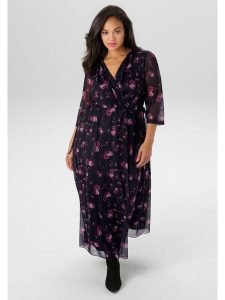 Aniston Sukienka w kolorze czarno-fioletowym rozmiar: 52. Czarne sukienki Aniston, bez wzorów, z tkaniny, bez kołnierzyka, bez ramiączek, maxi, kopertowe. Za 113,99 zł.
