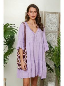Lin Passion Lniana sukienka w kolorze fioletowym rozmiar: 38/40. Różowe sukienki Lin Passion, bez wzorów, ze lnu, klasyczne, bez kołnierzyka, bez ramiączek, mini. Za 173,99 zł.