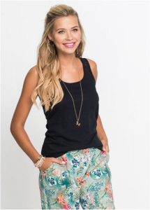 Tank top z koronką. Czarne topy bonprix, bez wzorów, z koronki, klasyczne, bez kołnierzyka, bez ramiączek. Za 44,99 zł.