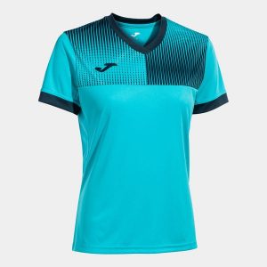 Damska Koszulka Joma Eco Supernova - Fluor Turkusowy/Navy. Niebieskie bluzki JOMA, bez wzorów, z poliesteru, sportowe, bez kołnierzyka, bez ramiączek. Za 176,99 zł.