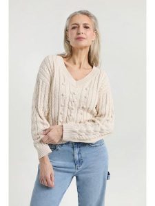 Josephine & Co Sweter "Jasper" w kolorze beżowym rozmiar: M. Brązowe swetry oversize Josephine & Co, m, bez wzorów, ze splotem, bez ramiączek. Za 195,99 zł.
