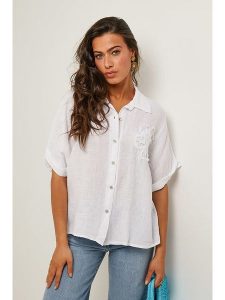 Le Monde du Lin Lniana bluzka w kolorze białym rozmiar: 40/42. Białe bluzki Le Monde du Lin, bez wzorów, ze lnu, klasyczne, bez kołnierzyka, bez ramiączek. Za 135,81 zł.