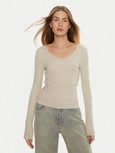 Calvin Klein Jeans Bluzka J20J224197 Beżowy Slim Fit. Brązowe bluzki Calvin Klein Jeans, xs, bez wzorów, z bawełny, bez kołnierzyka, bez ramiączek. Za 119,99 zł.