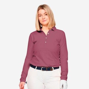 Koszulka polo do golfa damska MW500. Fioletowe bluzki INESIS, m, bez wzorów, z bawełny, sportowe, bez kołnierzyka, bez ramiączek. Za 69,99 zł.