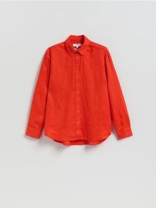 Lniana koszula - pomarańczowy. Brązowe koszule Reserved, l, bez wzorów, z tkaniny, bez kołnierzyka, bez ramiączek. Za 179,99 zł.