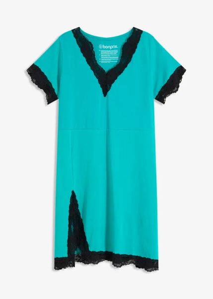 Krótka koszula nocna z delikatną koronką. Zielone koszule nocne bonprix, bez wzorów, z bawełny, bez ramiączek. Za 47,99 zł.