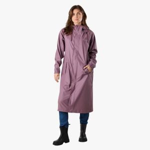 Kurtka przeciwdeszczowa damska do wędrówek wodoodporna Väderöarna Long Coat W. Fioletowe kurtki SWEDEMOUNT, bez wzorów, bez kaptura. Za 329,99 zł.
