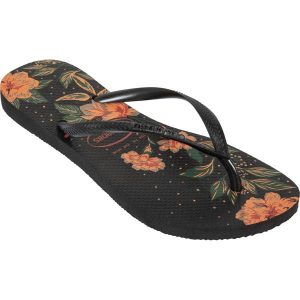 Japonki damskie Havaianas Slim Floral. Czarne klapki Havaianas, bez wzorów, z kauczuku, bez obcasa. W wyprzedaży za 69,99 zł.