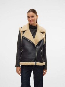 Vero Moda Kamizelka "Peggy" w kolorze czarno-beżowym ze skóry syntetycznej rozmiar: L. Brązowe kamizelki Vero Moda, l, bez wzorów, ze skóry, bez kołnierzyka, bez ramiączek, bez kaptura. Za 228,45 zł.