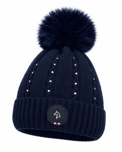 Zimowa czapka jeździecka granatowa. Szare czapki EQUUS BRAND, z aplikacjami, z materiału, eleganckie. Za 79,99 zł.