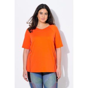 Damskie T-shirt ochrona UV 50+ dekolt w serek rękaw 1/2. Czerwone koszulki sportowe Ulla Popken, bez wzorów, z elastanu, bez ramiączek. Za 179,99 zł.