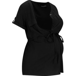 Bluzka 2 w1 ciążowa i do karmienia, z lejącej wiskozy. Czarne bluzki bonprix, bez wzorów, z wiskozy, bez kołnierzyka, moda ciążowa, bez ramiączek. Za 84,99 zł.