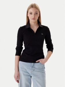 Calvin Klein Bluzka Ls Woven Label LV047E203G Czarny Slim Fit. Czarne bluzki Calvin Klein, l, bez wzorów, z bawełny, bez kołnierzyka, bez ramiączek. Za 249,99 zł.