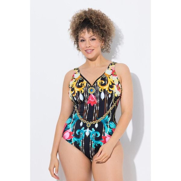 Damski Strój kąpielowy barok miękkie miseczki głęboki dekolt w serek. Czarne stroje jednoczęściowe Ulla Popken, bez wzorów, z elastanu. Za 244,99 zł.