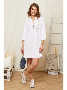 Rodier Lin Lniana sukienka w kolorze białym rozmiar: XL/XXL. Białe sukienki Rodier Lin, na co dzień, xl, bez wzorów, ze lnu, bez kołnierzyka, bez ramiączek, mini, proste. Za 149,31 zł.