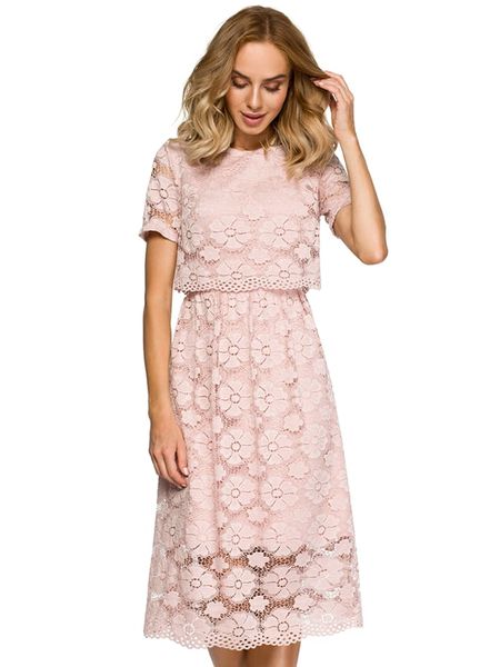 Made of emotion Sukienka w kolorze jasnoróżowym ze wzorem rozmiar: M. Różowe sukienki Made Of Emotion, m, bez wzorów, z koronki, bez kołnierzyka, bez ramiączek, midi. Za 170,47 zł.