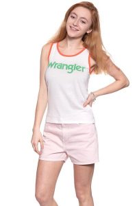 WRANGLER T SHIRT DAMSKI RETRO KABEL TANK ROSEWATER W730SEVLF 112130937. Pomarańczowe t-shirty Wrangler, s, bez wzorów, bez kołnierzyka, bez ramiączek. W wyprzedaży za 39,99 zł.