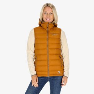 Kamizelka turystyczna damska Swedemount Östersund Down Vest wodoodporna. Brązowe kamizelki SWEDEMOUNT, bez wzorów, z puchu, bez kołnierzyka, bez ramiączek, bez kaptura. Za 399,99 zł.