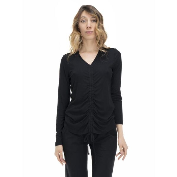 Damski, sznurowany t-shirt w odcieniach ziemi. Czarne t-shirty LEONE 1947 APPAREL, l, bez wzorów, z tkaniny, bez kołnierzyka, bez ramiączek. W wyprzedaży za 120,40 zł.