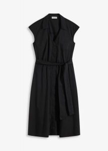 Sukienka koszulowa z wiązanym paskiem. Czarne sukienki bonprix, bez wzorów, eleganckie, bez kołnierzyka, bez ramiączek, koszulowe. Za 142,99 zł.