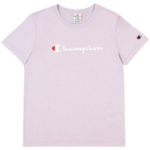 T-shirt Damski Z Bawełny Z Krótkim Rękawem. Fioletowe t-shirty Champion, l, bez wzorów, z bawełny, bez kołnierzyka, bez ramiączek. Za 132,99 zł.
