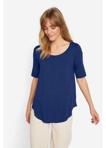 Długa bluzka z miękkiej wiskozy. Niebieskie bluzki bonprix, bez wzorów, z wiskozy, bez kołnierzyka, bez ramiączek. Za 47,99 zł.