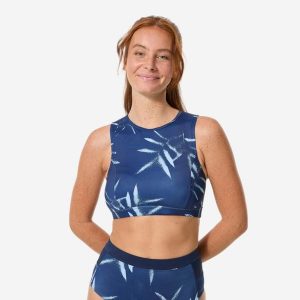Góra kostiumu kąpielowego surfingowego damska Decathlon Carla Bagheera. Niebieskie bikini DECATHLON, bez wzorów, z elastanu. Za 119,99 zł.