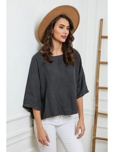 Fleur de Lin Lniana bluzka "Georginia" w kolorze antracytowym rozmiar: XL. Czarne bluzki Fleur de Lin, xl, bez wzorów, ze lnu, bez kołnierzyka, bez ramiączek. Za 132,05 zł.