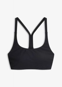 Góra od bikini typu bustier z szybkoschnącego materiału. Czarne bikini bonprix, bez wzorów. Za 77,99 zł.