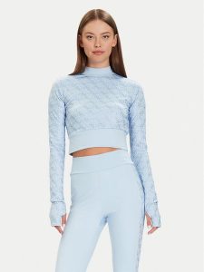 Guess Bluzka W5BP48 K7182 Błękitny Slim Fit. Niebieskie bluzki Guess, l, z aplikacjami, z syntetyku, bez kołnierzyka, bez ramiączek. Za 379,99 zł.
