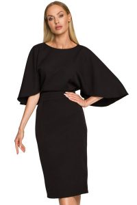 Sukienka elegancka ołówkowa z szerokimi rękawami czarna z pelerynką. Czarne sukienki Sukienki.shop, na komunię, l, bez wzorów, eleganckie, bez kołnierzyka, bez ramiączek, ołówkowe. Za 309,00 zł.