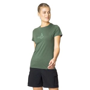 Koszulka damska z krótkim rękawem trekkingowa Odlo KUMANO TREES. Zielone bluzki ODLO, xs, bez wzorów, sportowe, bez kołnierzyka, bez ramiączek. W wyprzedaży za 105,00 zł.
