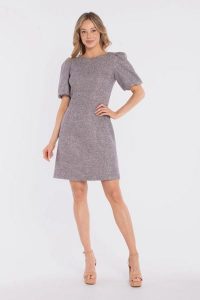 Elegancka sukienka koktajlowa z bufiastymi rękawami szara. Szare sukienki Stylove, l, bez wzorów, z materiału, eleganckie, bez kołnierzyka, bez ramiączek, midi, dopasowane. Za 349,00 zł.