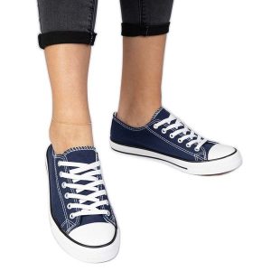Granatowe klasyczne damskie trampki niebieskie. Niebieskie trampki bez wzorów, z jeansu, bez zapięcia. Za 75,95 zł.