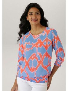 Aniston Bluzka w kolorze błękitno-brzoskwiniowym rozmiar: 44. Niebieskie bluzki Aniston, bez wzorów, bez kołnierzyka, bez ramiączek. Za 61,31 zł.