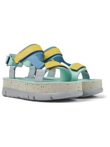 Camper Skórzane sandały w kolorze turkusowo-żółto-błękitnym na obcasie rozmiar: 38. Niebieskie sandały Camper, bez wzorów, ze skóry, z otwartym noskiem, bez obcasa, na koturnie, bez zapięcia. Za 260,99 zł.