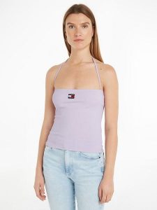 TOMMY JEANS Top w kolorze fioletowym rozmiar: XL. Różowe topy Tommy Jeans, xl, bez wzorów, z jeansu, bez kołnierzyka, bez ramiączek. Za 109,78 zł.