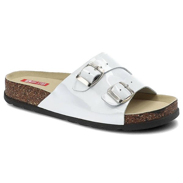 Klapki damskie Big Star, materiał syntetyczny z szerokimi paskami regulowanymi klamrami profilowaną wkładką, białe, JJ276041. Białe klapki Big Star, bez wzorów, z lakierowanej skóry, bez obcasa. Za 109,00 zł.