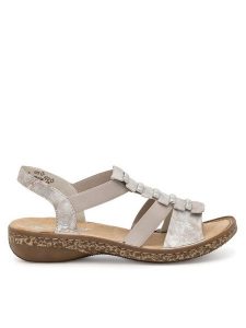 Rieker Sandały 62850-90 Beżowy. Brązowe sandały Rieker, bez wzorów, z syntetyku, bez obcasa, na płaskiej podeszwie, bez zapięcia. Za 289,99 zł.