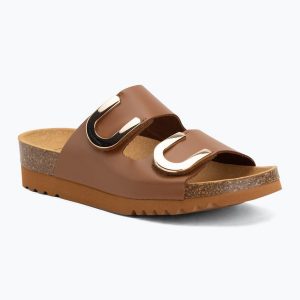 Klapki damskie Scholl Montery 2 Straps Ad Med. Brązowe klapki Scholl, bez wzorów, z materiału, bez obcasa. Za 349,99 zł.